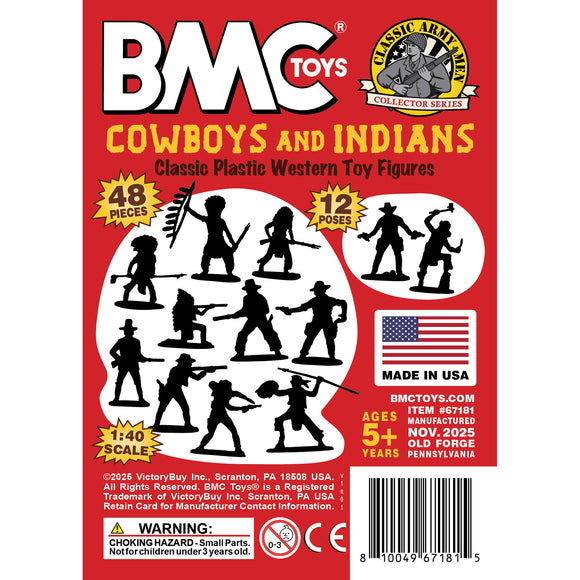 BMC Classic Wild West Cowboys and Plains Indians 48pc Yellow and Red Color Plastic Figure Set Insert Art
